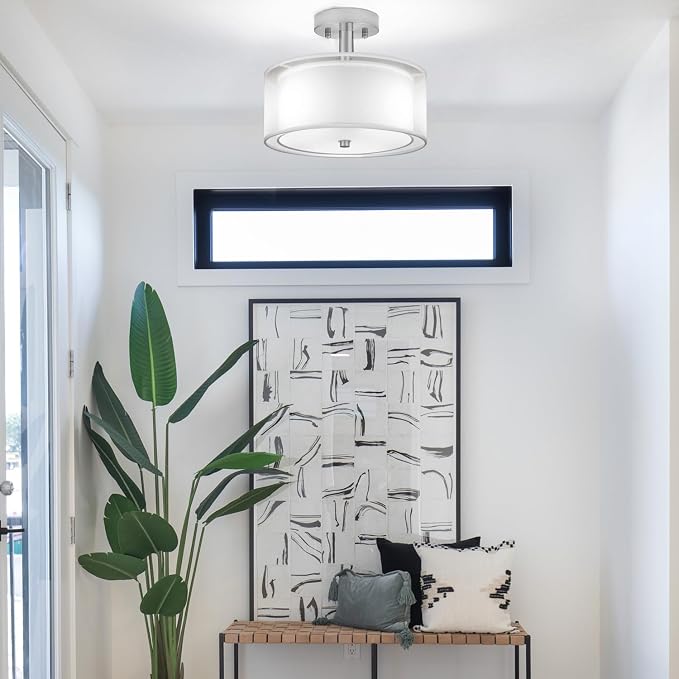 FOLKSMATE 3-Light Semi Flush Mount Ceiling Light Fixture, 16 Inch Drum Light with Double Fabric Shade, Modern Close to Ceiling Lamps for Dining Room Kitchen - Image 9