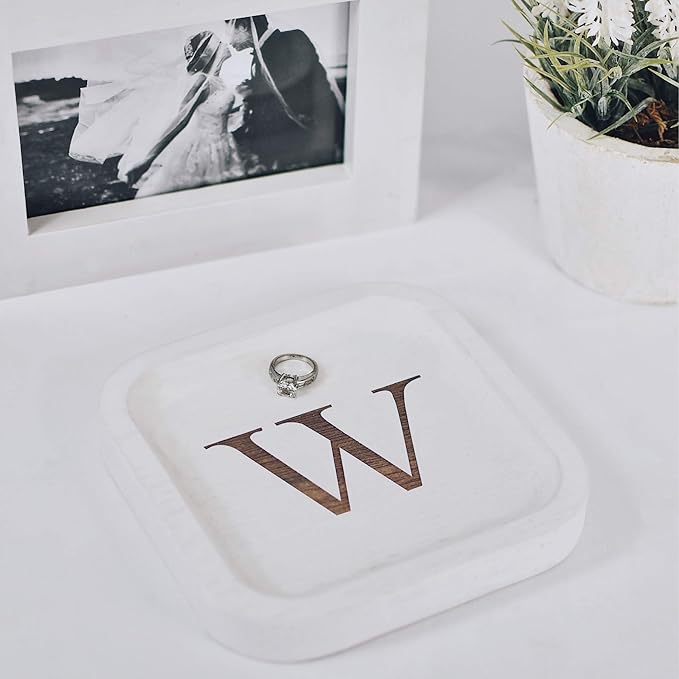 I'm Wooden Personalized Letter Catchall Valet Tray Trinket Dish Jewelry Tray Key Bowl Decorative Plate Organizing Ring Earrings Necklaces Bracelet Watch Coins Wallet Holder (6"x6" Sq White W)