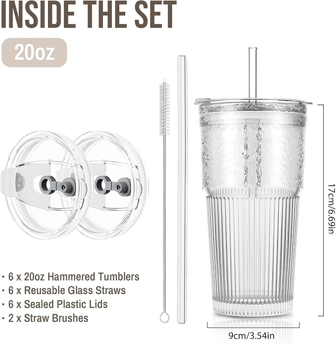 SoulTimes 20oz Wave Ribbed Glass Tumbler with Lid and Straw – Iced Coffee Glasses Cups for Smoothie, Matcha, Juice, Water etc. Leakproof and Reusable Glassware Drinking for Daily & Travel To Go [6Pcs] - Image 3