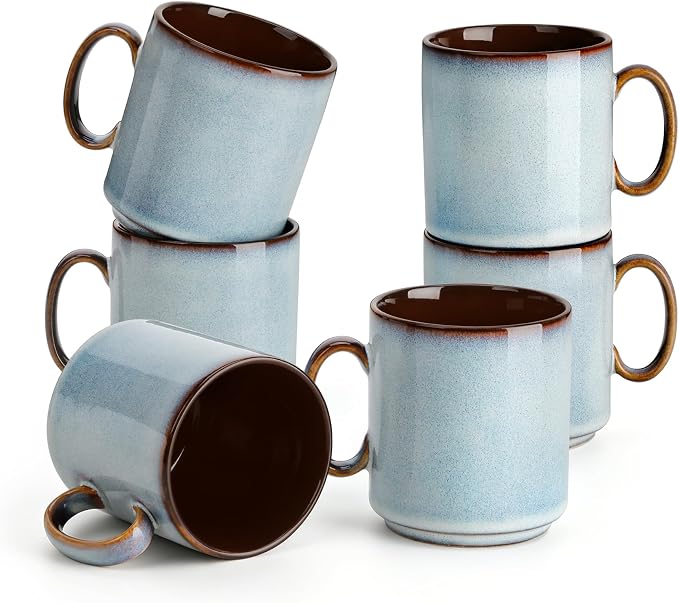 vancasso ONION Ceramic Coffee Mugs Set of 6, 12 Oz Coffee Cups for Latte, Cappuccino & Hot Cocoa, Artisan Modern Style for Coffee Bar, Home & Kitchen, Microwave & Dishwasher Safe, Light Blue Gray by vancasso