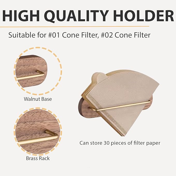 Coffee Filter Holder, Cone Coffee Filter Holder Storage, Coffee Filter Stand for V60 Coffee Filters Size #01 and #02 (B Walnut)