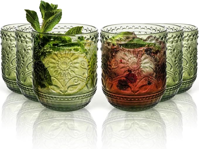 Topsky Vintage Drinking Glass Set of 6,12 oz Embossed Floral Decorative Glassware Set,Glass Cups Wine Glasses Beverages Tumblers Colored Glassware for Whisky,Beer,Juice,Cocktail,Heavy Duty - Image 9
