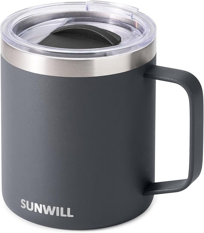 SUNWILL Travel Coffee Mug with Lid, Insulated Tumbler with Handle, 14 oz Stainless Steel Cup for Home, Office, Camping, Powder Coated Charcoal by SUNWILL