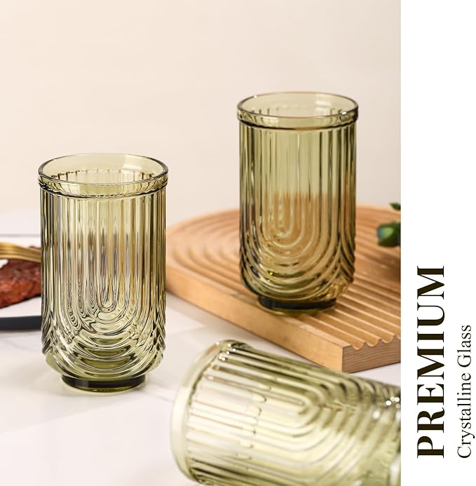 Green Vintage Drinking Glasses Set of 6-17oz Hand-Blown Highball Ribbed Glassware, Arch Design Cocktail Glasses for Whiskey Water Beverages Ice Coffee Juice Milk - Image 5