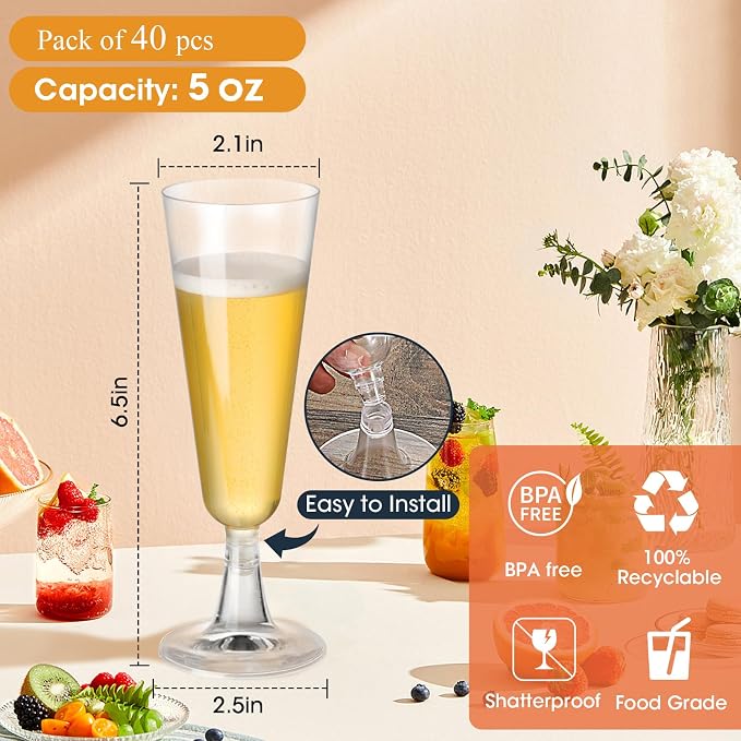 SUREHOME Plastic Champagne Flutes 40 Pack Disposable Champagne Glasses 5oz Clear Plastic Mimosa Glasses Wedding Cocktail Cups Bulk for New Years Eve Party Supplies 2026 Engagement Birthday Decorations - Image 6