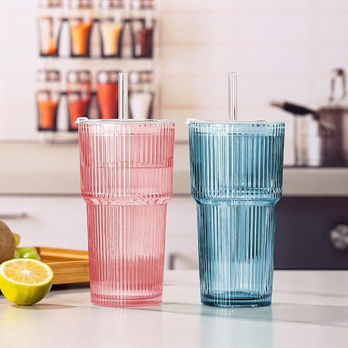 4PCS Colored Ribbed Glass Cups with Lids and Straws, 20oz Vintage Drinking Glasses, Aesthetic Iced Coffee Cups, Glass Tumbler for Boba, Beer, Tea, Cocktails, Ribbed Glassware Set,Colored - Image 5