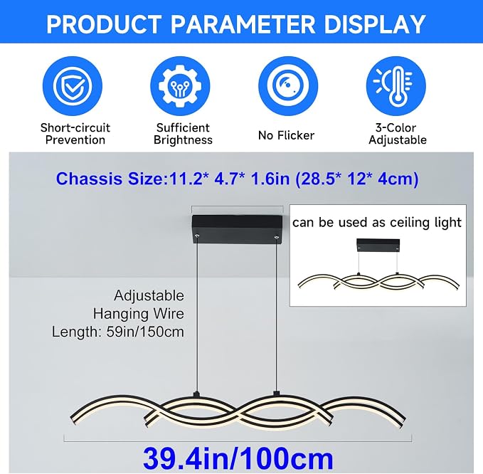 ORANOOR Modern LED Pendant Lights, Dimmable 39in Linear Wave LED Chandelier | Black Chandelier Dining Room Hanging Lighting Fixtures, Kitchen Island Linear Pendant Light for Dining Table, 4200lm Upgraded - Image 4