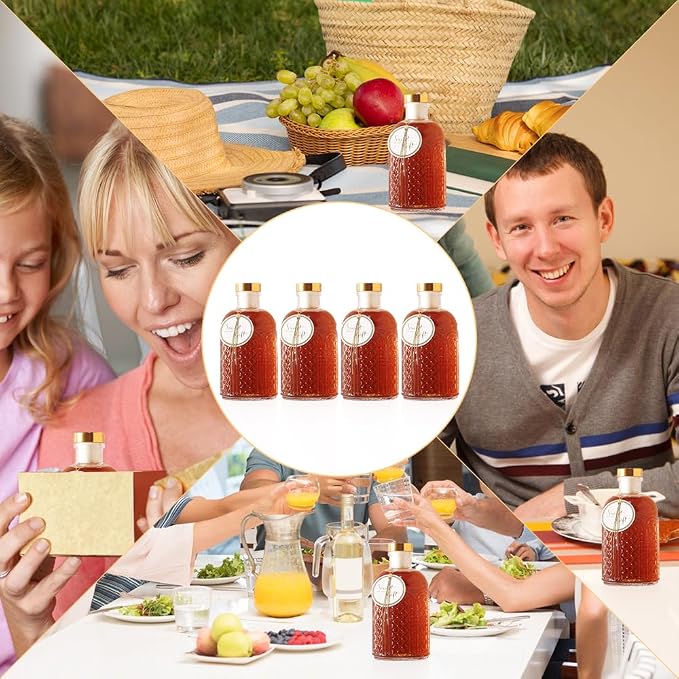 Clear Glass Bottles - 7 oz Pack of 6 Heavy Base Glass Bottles with Gift Labels and Decorations for Oil Vinegar Kombucha Wine Drinks Beer Water Soda with Gold Airtight Lid 7oz - Image 6