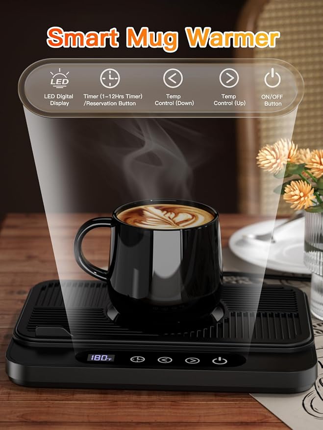 Misby Coffee Mug Warmer, 50W Large Heating Panel Mug Warmer with 6-Temp Settings, 8H Auto Shut-Off, 12H Timer, Ultra-Thin Design, Coffee Warmer for Desk, Ideal for Home, Office, and Travel (Black) - Image 5