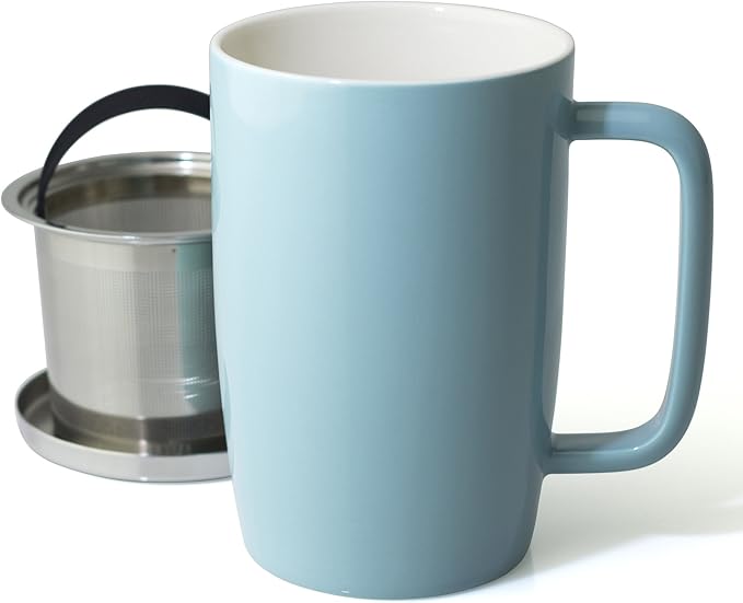 FORLIFE Dew Glossy Finish Brew-In-Mug with Basket Infuser & "Mirror" Stainless Lid 18 oz., Turquoise