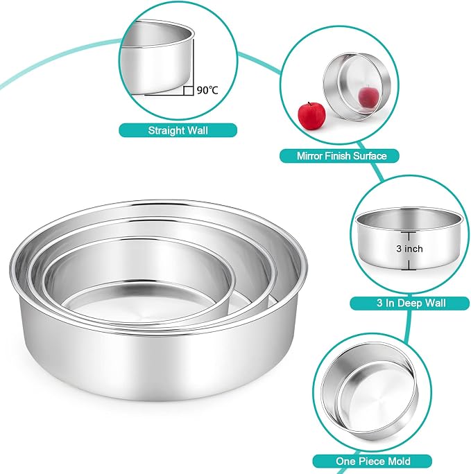 TeamFar Cake Pan, Stainless Steel Round Baking Pans Set for Layer Cake Pie | 6'' & 8'' & 9½'', Smash Cake Pan Tins 3”H, Baking Steaming Serving at Wedding Camping Bakery, Oven & Dishwasher Safe - 3 PCS - Image 7
