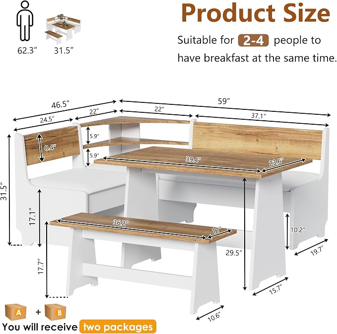 PAKASEPT Corner Breakfast Nook Table Set with Cushion, L-Shape Kitchen Dining Table with Bench, Farmhouse Wood Breakfast Nook Bench with Hidden Storage,White & Brown - Image 2