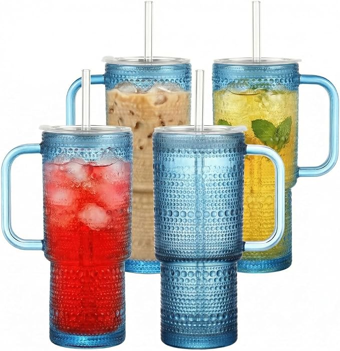 20 oz Blue Glass Tumbler with Lid and Straw, Glass Iced Coffee Cups, Spill-proof Glasses Tumbler with Handle, Glasses Drinking Set of 4, Vintage Glassware for Cocktail, Smoothies by Unknown