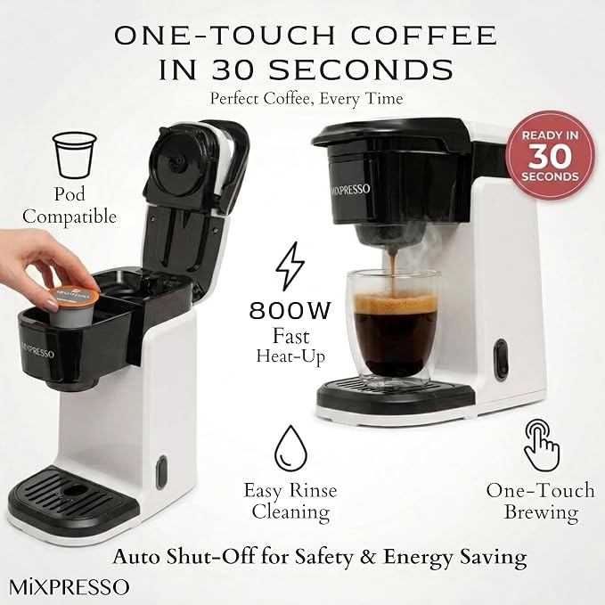 Mixpresso Single Serve Coffee Maker K Cup Coffee Maker for K Pods & Grounds | Compact 800W White Coffee Machine with 12 Oz Water Tank, Fast Brew & Auto Shut-Off, Small Design for Travel RV, Office& Dorm - Image 4