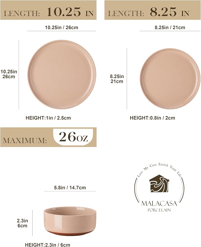 MALACASA Plates and Bowls Sets, 12 Pieces Modern Stoneware Dinnerware Set for 4 Kitchen Dinner Set Ceramic Dishware Dishes Set Microwave and Dishwasher Safe, Pink, Series TARA - Image 2
