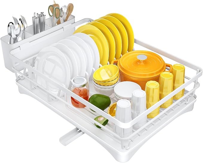 SNTD Dish Drying Rack for Kitchen Counter, 11.8" W x 16.7" L, White | Rustproof Stainless Steel, Large Capacity, Self-Draining Drainboard, Rotating Spout, Removable Utensil Holder - Image 7