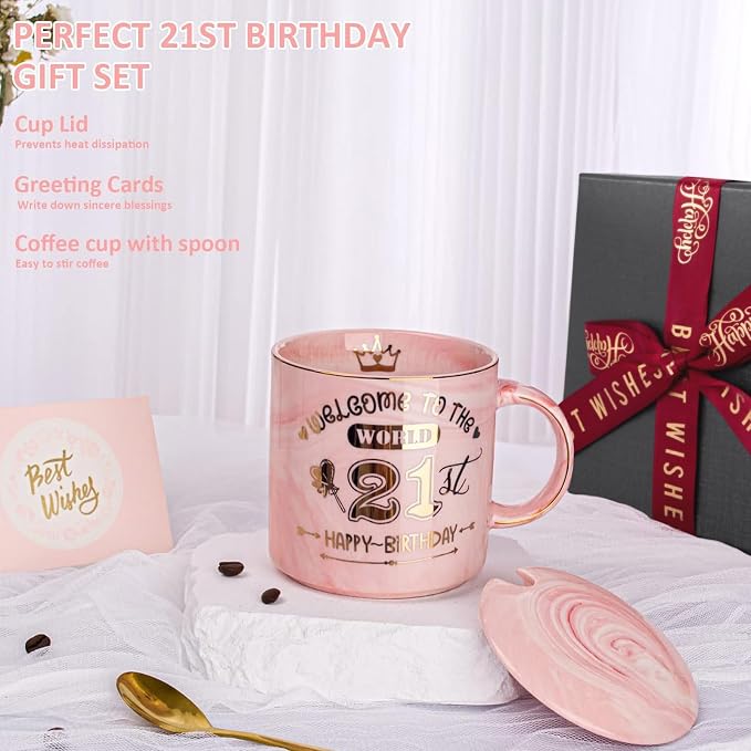 Happy 21st Birthday Gifts for Her - 14oz Pink Marble Coffee Mug with Gold Print, Funny 21 Bday Gift Idea Presents for 21 Year Old Women, Daughters, Girls, Female Friends, with Greeting Card, Gift Box - Image 3