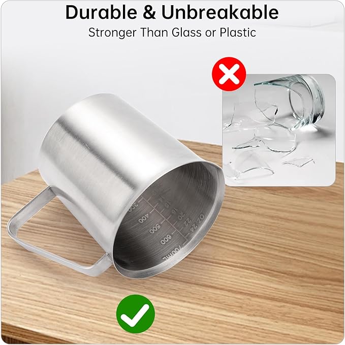 Stainless Steel Measuring Cup 3 Cup Capacity, Unbreakable Metal Measuring Cup with Handle, 2 Marking Including ML/Ounce Scale, Ideal for Liquid Measuring Cups, Kitchen Tools for Baking and Cooking