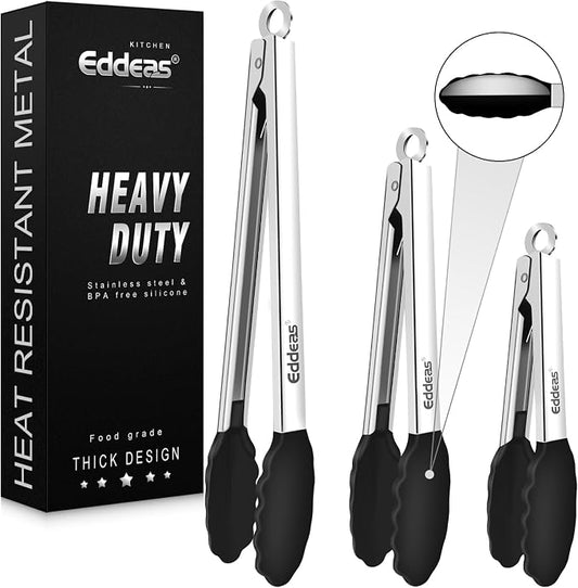 Kitchen Tongs with Silicone Tips, Heat Resistant 600 Degrees All Metal handle Locking Tongs For Cooking with Rubber Tips, Heavy Duty Stainless steel Food Tongs, Set of 3-7" 9" & 12" Black by Eddeas