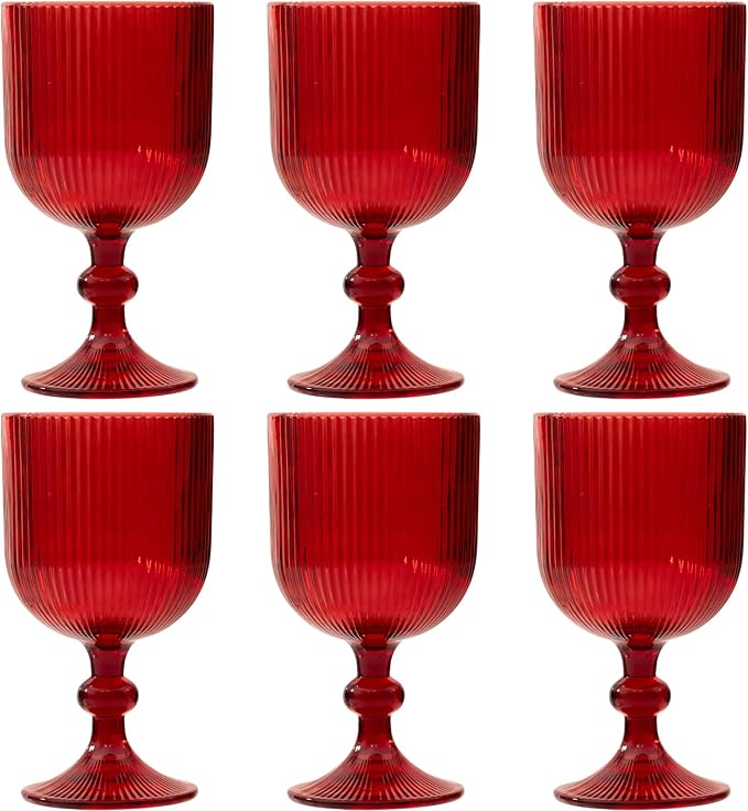 Red Vintage Wine Glasses Set of 6, 11 Ounces Colored Glass Water Goblets, Unique Embossed Pattern High Clear Stemmed Glassware Wedding Party Bar Glass Drinking Cups Fancy Glasses Hand Wash Only by XKXKKE