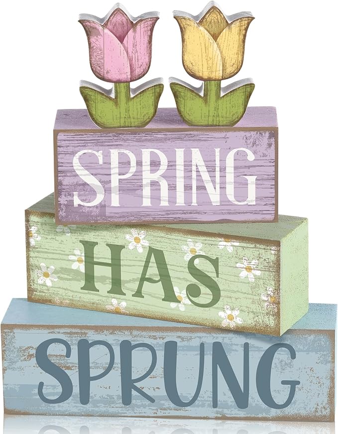 Moucuny 4 Pcs Spring Table Decorations Wooden Stacked Block Sign with Tulip Decor - "spring Has Sprung" Centerpiece Rustic Easter Tiered Tray Decorations Flower Signs for Home Kitchen Tabletop Mantel by Moucuny