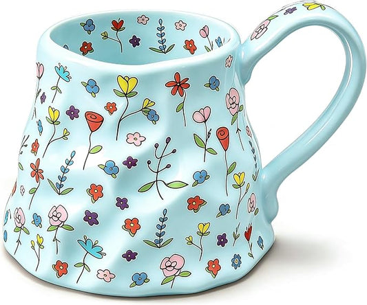 Large Coffee Mug 20 oz, Oversized Cute Floral Ceramic Mug, Big Coffee Mugs with Handle, Vintage Tea Cup for Latte, Cocoa, Milk, Tea, Unique Girly Gift for Women, Home & Office, Blue Flowers by ACOLIDAS
