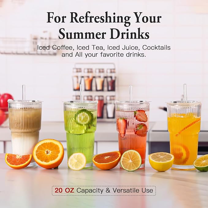 4PCS Ribbed Glass Cups with Lids and Straws, 20oz Vintage Drinking Glasses, Aesthetic Iced Coffee Cups, Glass Tumbler for Boba, Beer, Tea, Cocktails, Ribbed Glassware Set,Clear - Image 5