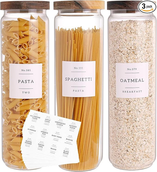 CZZGSM 3 Set Glass Pantry Storage Jars with Acacia Airtight Lid - 50oz Thicken Glass Kitchen Canisters with 132 Pantry Labels - Tall Food Storage Containers with Wood Lid for Pasta,Spaghetti,Cereal by CZZGSM
