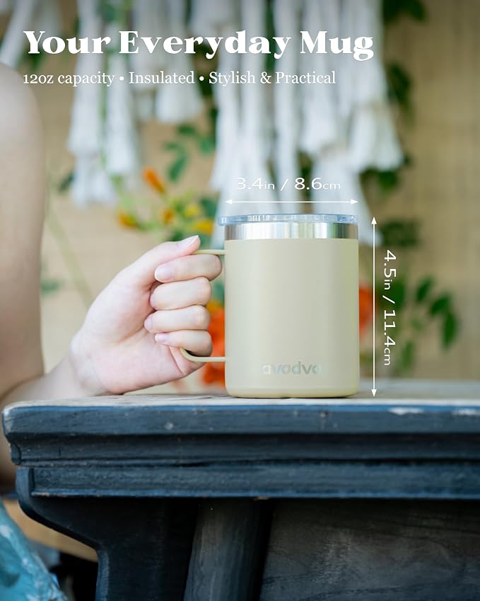 12oz Insulated Coffee Mug with Lid – Includes Two Lids, Stainless Steel Coffee Travel Mug with Handle, Double Wall Vacuum Insulated Camping Mug for Home, Office & Outdoor, Brown - Image 4