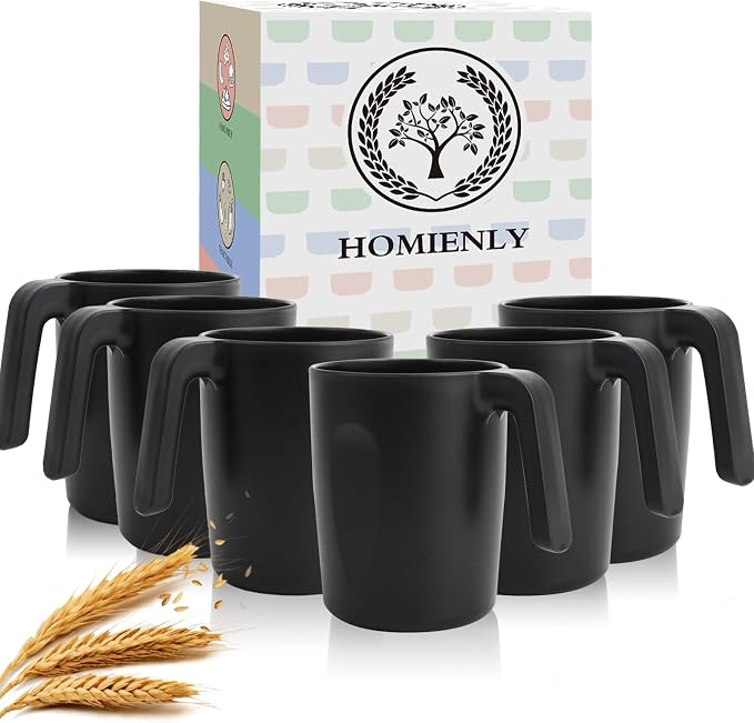 Homienly Unbreakable Coffee Mug Set - 6 Wheat Straw Reusable Cups | Dishwasher Safe Drinking Glasses | Alternative to Plastic Mugs & Glass Cups 16 oz for Camping, Kitchen (Black) by HOMIENLY