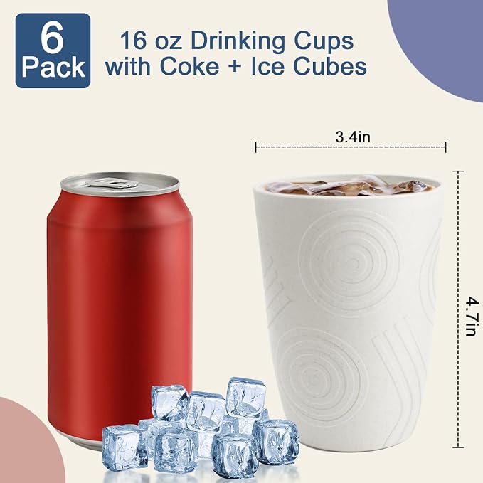 Wheat Straw Cups 16 OZ - Unbreakable Drinking Cup Set of 6, Plastic Cups Reusable, Lightweight Water Cup, Microwave & Dishwasher Safe Plastic Drinking Glasses for Kitchen, Bathroom - White - Image 2