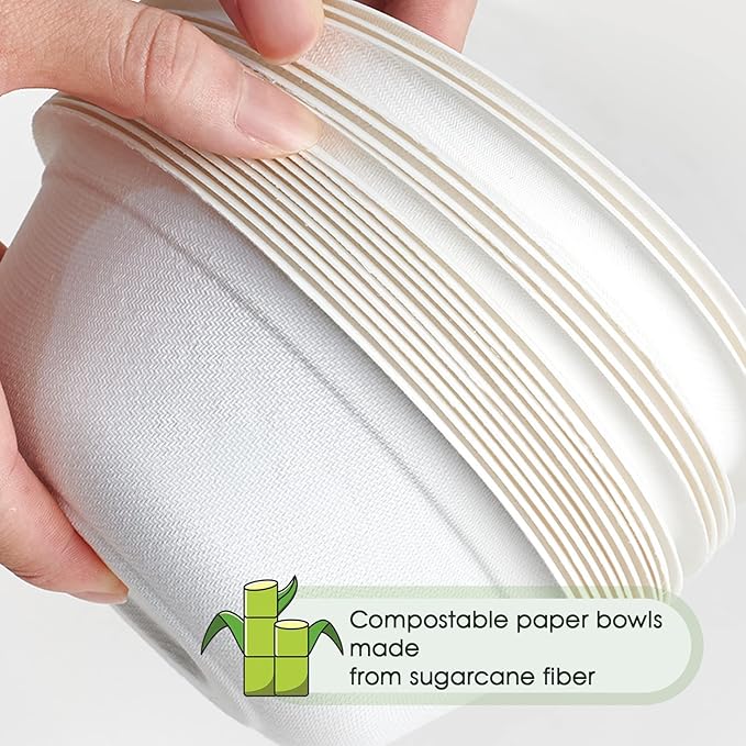 ECOLipak 150 Pack 12 oz Paper Bowls Disposable, Heavy-Duty Biodegradable Compostable Bowls Made of Natural Sugarcane Bagasse, Suitable for Salad, Dessert, Milk, Cereals
