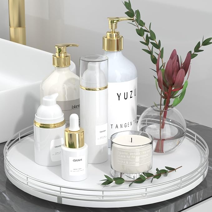 Oroyutor 13-Inch Oak Lazy Susan Vanity Tray with Silver Metal Rail | Rotating oak tray organizes spices, toiletries and decor on kitchen counters, bathroom vanities, dining and coffee tables. by Oroyutor