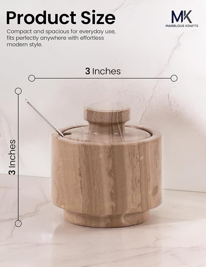 MARBLOUS KRAFTS Marble Salt Cellar with Lid and Spoon 3" Inch Natural Brown Salt and Pepper Dish, Sugar and Salt Bowls Countertop, Coffee Container, Spice Jars, Candy Jar - Image 3