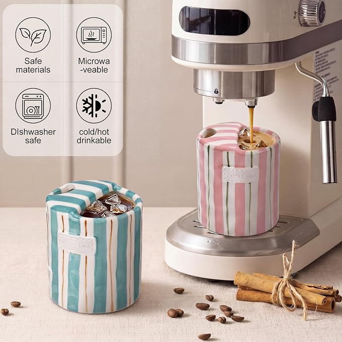 2 Pack Ceramic Coffee Mug with Sip Hole Espresso Cup 10oz with Straws Retro Hand Painted Striped Ceramic Iced Coffee Tea Travel Mug Latte Cup for Kitchen Dining (Simple,Pink,Blue) - Image 4