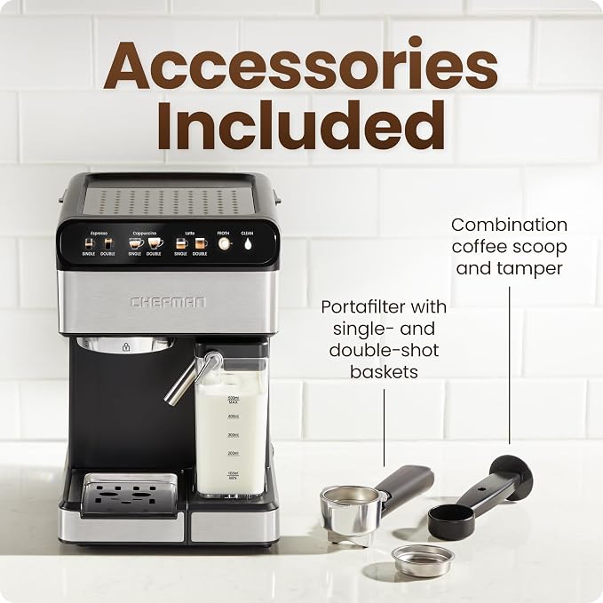 Chefman CaféMaster Pro Espresso Machine, Brew Single or Double Shots, Coffee Maker with Built-In Milk Frother for Cappuccino & Latte, XL 1.8 Liter Removable Water Reservoir - Stainless Steel - Image 6