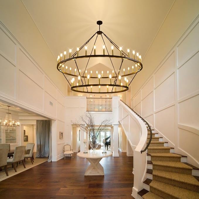 60 Inch Farmhouse Wagon Wheel Chandelier, 2 Tier 54-Lights Round Chandelier for Living Room, Rustic Black and Gold Chandelier, Extra Large Foyer Chandeliers for High Ceilings, for Staircase, Entryway - Image 2