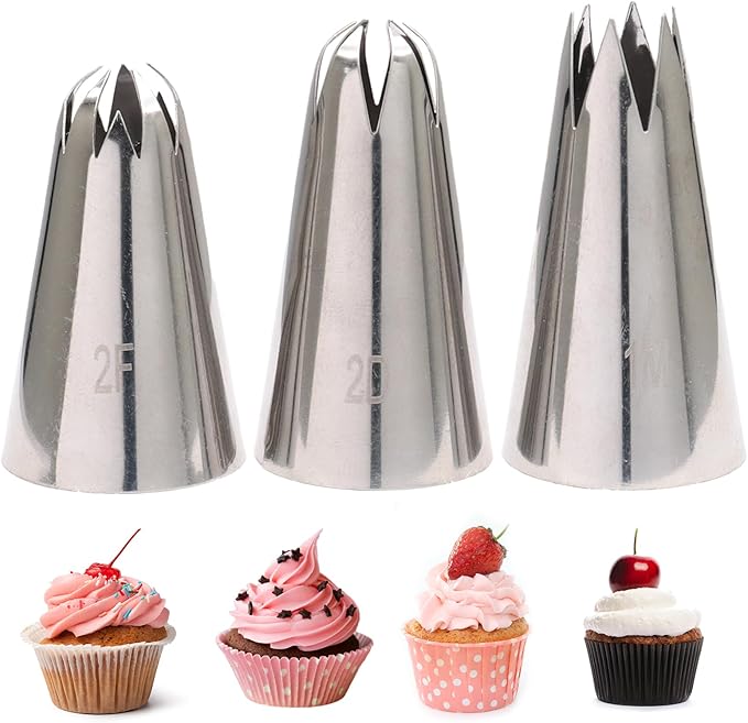 2D+1M+2F Piping Tips Set for Cake Decorating - 3 Piece Stainless Steel Star Nozzles for Buttercream, Icing, Cupcakes & Cookies