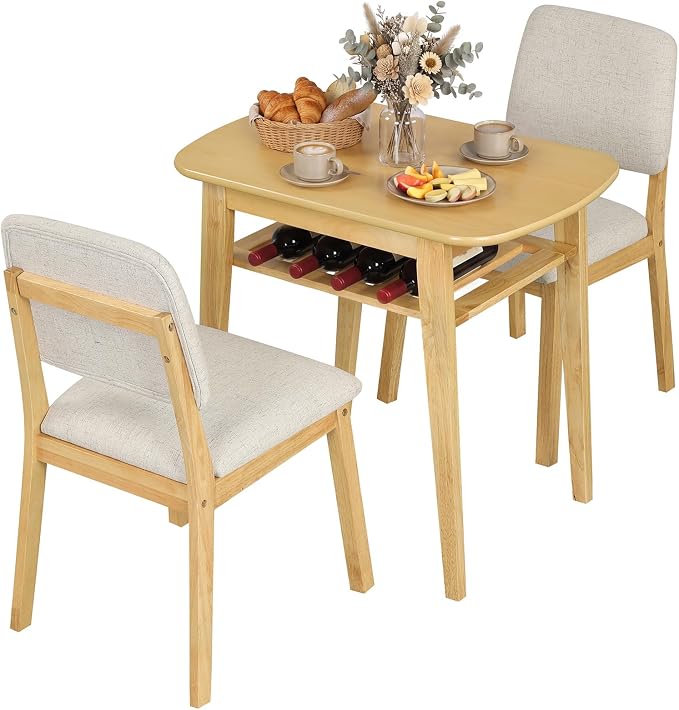 Giantex Dining Table Set for 2, Space Saving Kitchen Table and Chairs Set w/Rubber Wood Frame, Storage Rack, Padded Seats & Backrests, Dinette Set for Small Space, Apartment, Dining Room, Natural by Giantex