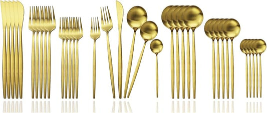 JASHII Silverware Set, 36 Piece Food Grade Stainless Steel Flatware Set Fork Spoon Knife Utensils for Daily Use and Party, Service for 6 Anti Rust, Safe in Dishwasher (Matte Gold) by JASHII