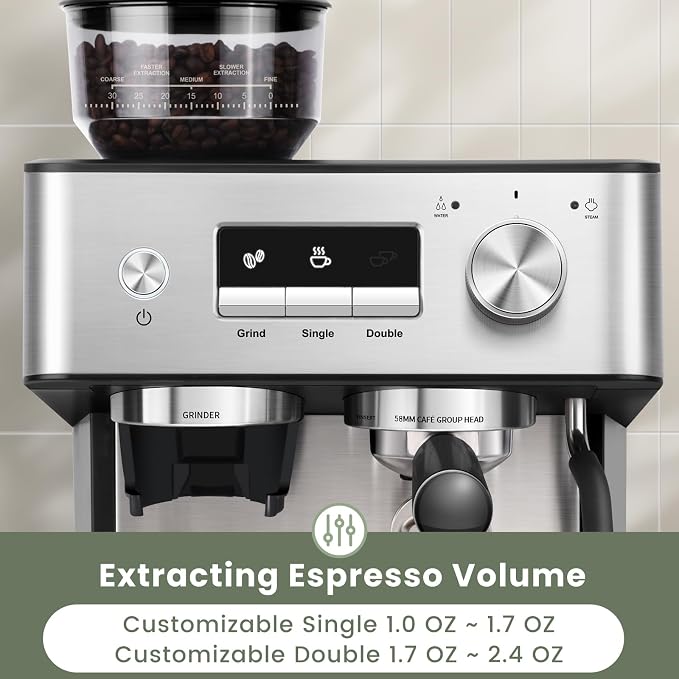 Gevi 20 Bar Espresso Machine with Grinder & Steam Wand for Latte Cappuccino | Removable Water Tank, Powerful Milk Frother, Stable Pressure System For Crafting Silky Homemade Coffee Drinks - Image 5