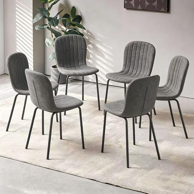 Small Dining Chairs Set of 6, Modern Mid Century Faux Leather Dining Room Chairs with Black Metal Legs, Kitchen Home Living Room Restaurant Apartment, Space-Saving, Dark Grey - Image 4