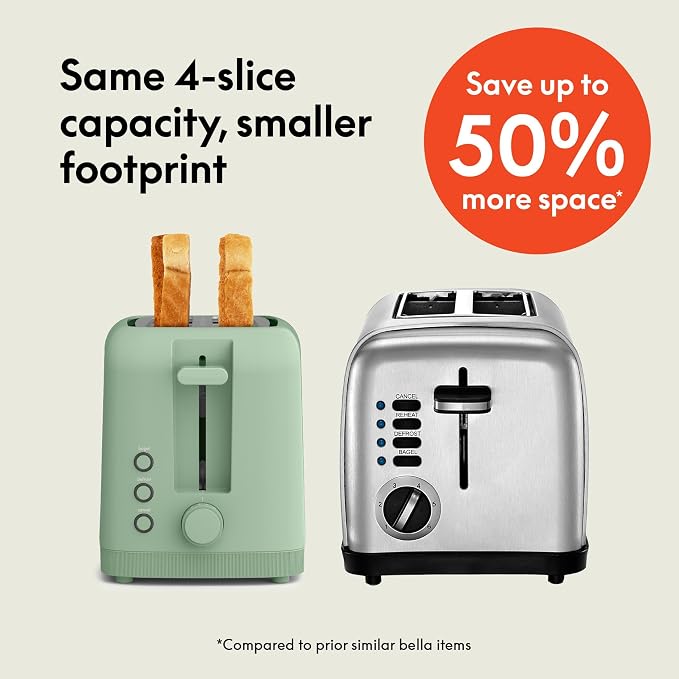 bella 4 Slice Slim Toaster, Fits-anywhere™ Kitchenware, 6 Setting Shade Control with Reheat & Cancel Buttons, Fits Sourdough, 10” Long Slot, Anti Jam & Auto Shutoff, 900 Watt, Seaglass - Image 3