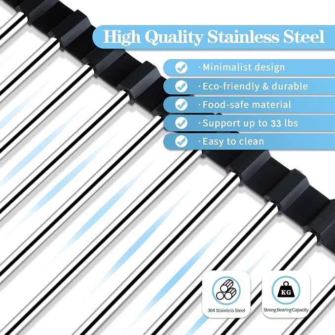 Seropy Roll Up Dish Drying Rack Over the Sink Drying Rack for Kitchen Counter, Rolling Dish Rack Over Sink Mat, Foldable Dish Drainer Stainless Steel Rack Kitchen Organization Gadgets 17.5"x11.8" - Image 4