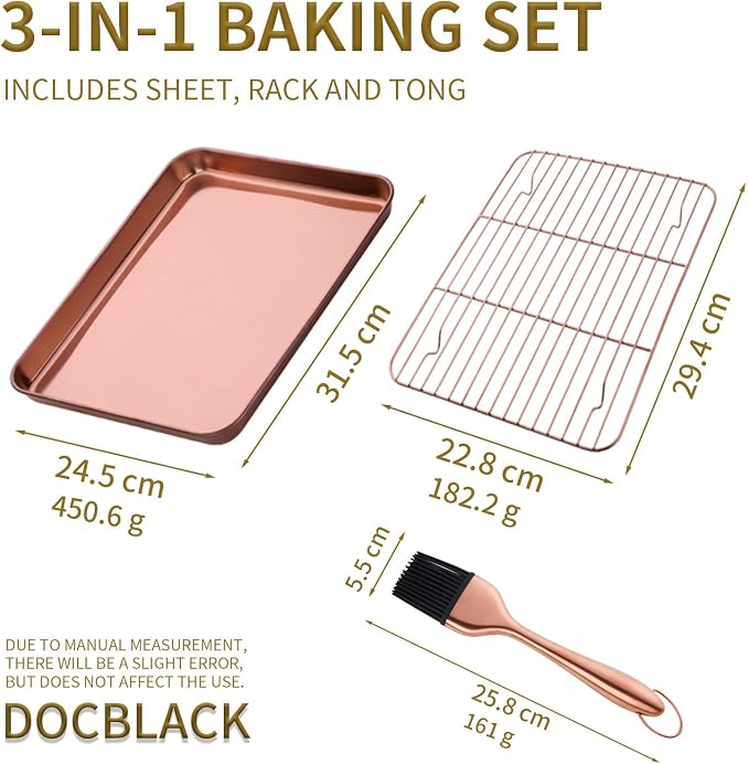 DOCBLACK Baking Sheet with Wire Rack and Silicone Pastry Basting Brush Set, Stainless Steel Cookie Sheet Baking Tray & Cooling Rack &Silicone Food Brush for Cooking and Oven, Dishwasher Safe -RoseGold - Image 2