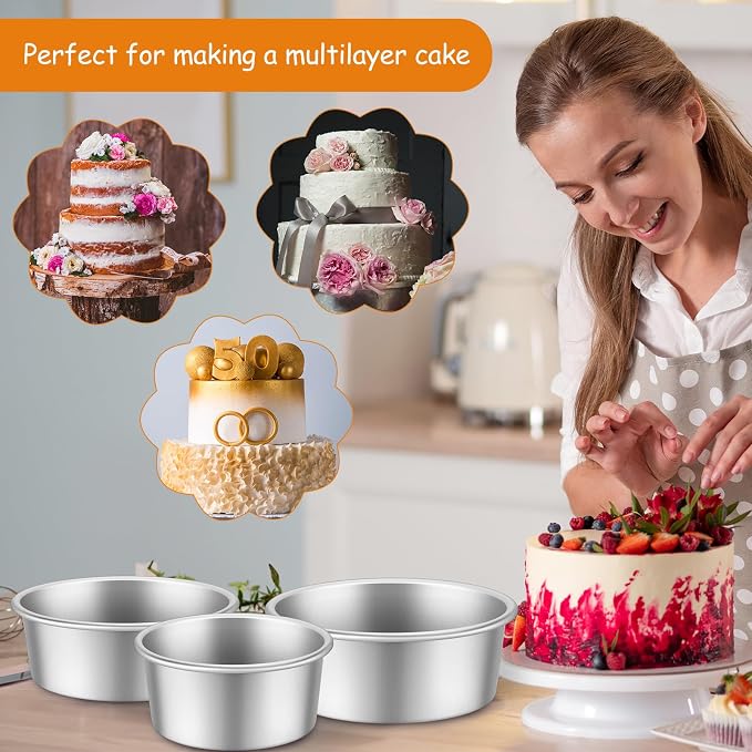 Mumufy 9 Pcs Aluminum Round Cake Pan Set, Non Stick, 6, 8, 10 Inch | 3-Tiered Cake Pans, Cake Durable, Even Heating, Rust-resistant, Home Wedding Birthday Baking Party - Image 7