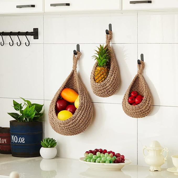 Honeydak Boho Decor Hanging Wall Baskets for Kitchen 3 Pack Teardrop Baskets with Hooks Storage Fruit Onion Vegetable Potato for Home 3 Sizes(Linen,Teardrop,Jute) - Image 5