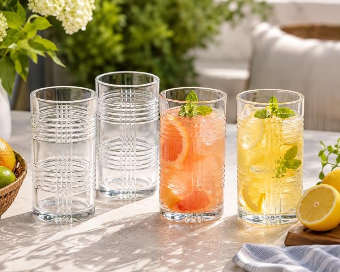 15.5 oz Highball Glasses Set of 4, Modern Ribbed Drinking Glasses, Clear Glass Tumblers for Water, Juice, Cocktails & Iced Tea, Heavy Base, Dishwasher Safe - Image 2