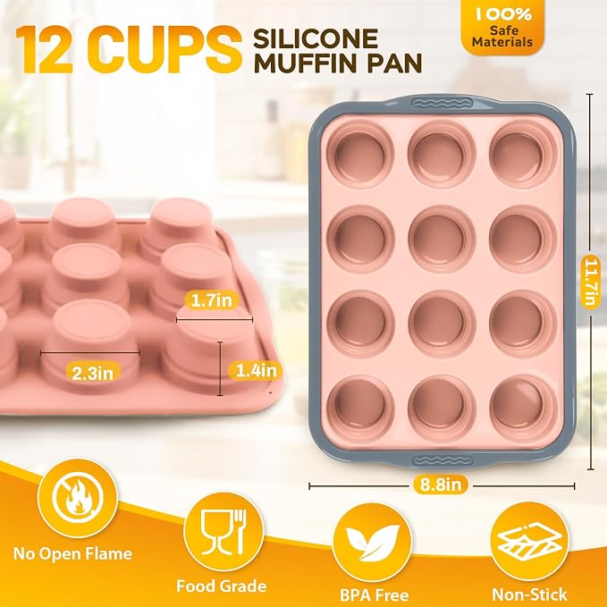 Silicone Muffin Pan, 12 Cups Non-Stick Cupcake Pan, Food-Grade BPA-Free Muffin Tin, Oven-Safe 450 °F, Reinforced Steel Frame, Easy-Grab Handles, Quick-Release 2.3" Baking Molds for Mini Treats - Image 2