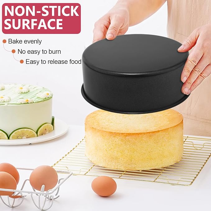 P&P CHEF 8 Inch Cake Pan Set, 4Pcs Non-stick Round Baking Cake Pans Tins | Stainless Steel Core & Nonstick Coating, Good for Baking Layer Tier Cakes for Birthday Wedding, Deep Side & One-piece Design - Image 5